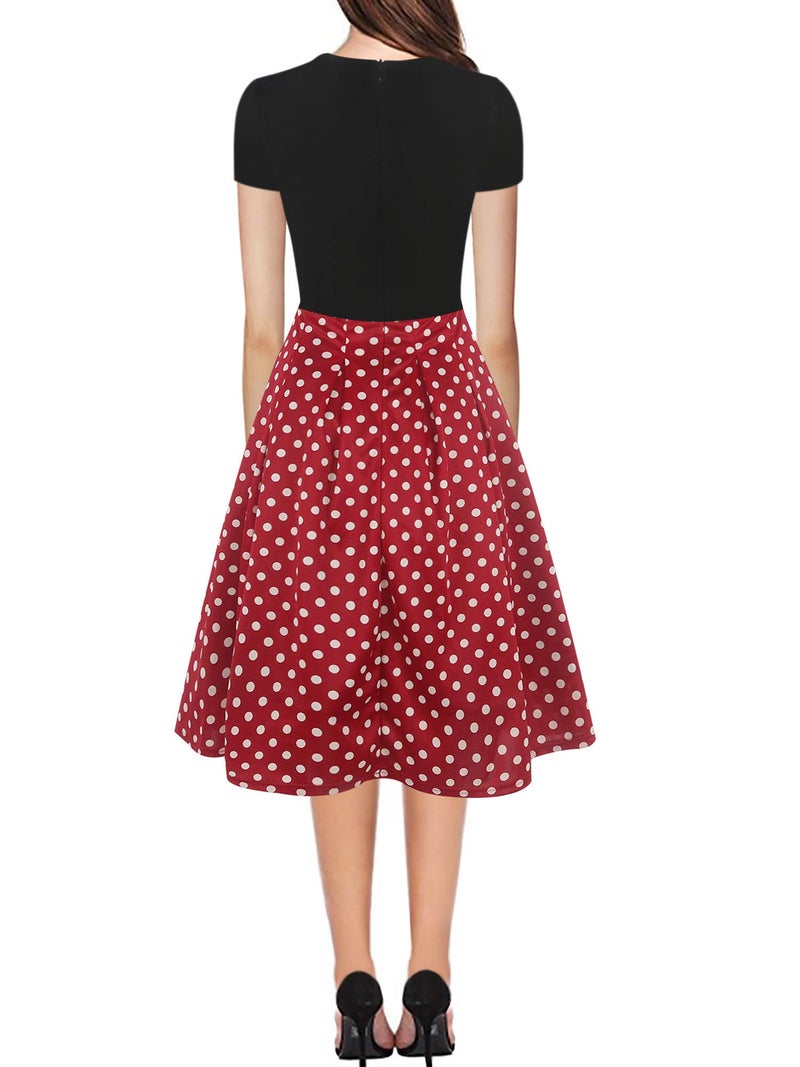 oxiuly Women's Vintage Dresses Patchwork Pockets Puffy Swing Casual Party Dress OX165 (BK-Red dot, l) - Image 2